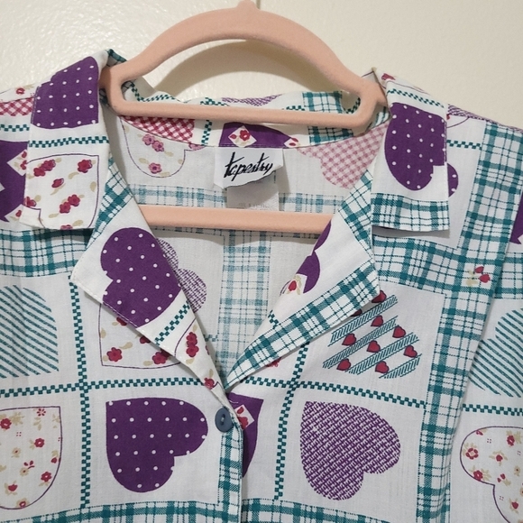 Vintage Tapestry Madras Style Heart Pattern Rolled Sleeve Button Down Size Large - Picture 3 of 9